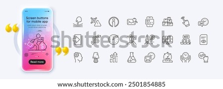 Chemistry lab, Checkbox and Journey line icons for web app. Phone mockup gradient screen. Pack of Online auction, Table lamp, Timer pictogram icons. Ranking stars, Safe time, Cursor signs. Vector