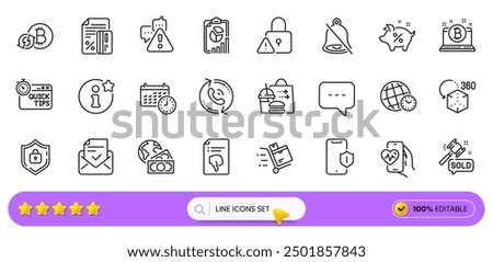 Lock, Thumb down and Food delivery line icons for web app. Pack of Shield, Cardio training, Auction hammer pictogram icons. Info, Warning, Quick tips signs. Credit card, Report, Calendar. Vector