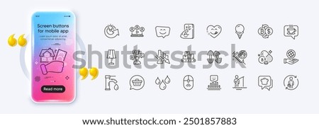 Wholesale goods, Deflation and Smile face line icons for web app. Phone mockup gradient screen. Pack of Tap water, Ice cream, Table lamp pictogram icons. Vector