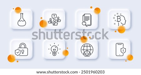 Smartphone protection, Teamwork question and Search file line icons pack. 3d glass buttons with blurred circles. Idea, Bitcoin think, Chemistry lab web icon. Vector