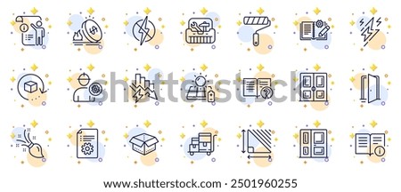 Outline set of Gas price, Brush and Lightning bolt line icons for web app. Include Open door, Engineering documentation, Technical documentation pictogram icons. Return package. Vector