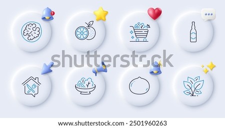 Orange, Macadamia nut and Vegetables cart line icons. Buttons with 3d bell, chat speech, cursor. Pack of Walnut, Salad, Leaf icon. Beer bottle, Food delivery pictogram. For web app, printing. Vector