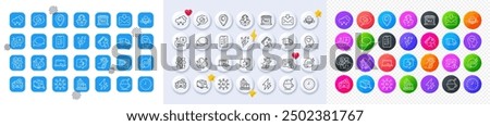 Like, Messenger and Electricity line icons. Square, Gradient, Pin 3d buttons. AI, QA and map pin icons. Pack of Difficult stress, Search package, Cholecalciferol icon. Vector