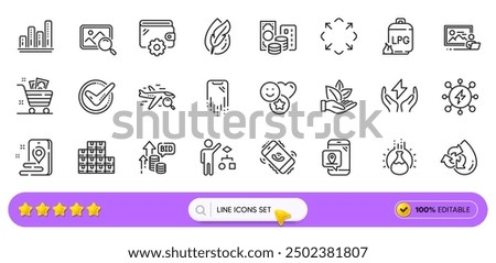 Credit card, Call center and Chemistry experiment line icons for web app. Pack of Safe energy, Hypoallergenic tested, Smile pictogram icons. Power, Maximize, Wholesale inventory signs. Vector