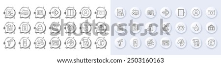 Hydroelectricity, Swipe up and Lift line icons. White pin 3d buttons, chat bubbles icons. Pack of Electric energy, Next, Reject web icon. Reject access, Star, Lock pictogram. Vector