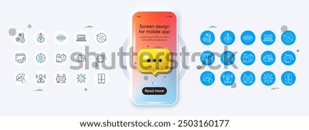 Phone mockup with 3d chat icon. Fingerprint, Reject refresh and Delivery time line icons. Pack of Startup, Dating, Organic tested icon. Wallet, Web analytics, Holiday presents pictogram. Vector