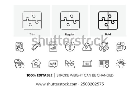 Recovery hdd, Info and Cholecalciferol line icons. Pack of Technical info, Medical syringe, 5g notebook icon. Empower, Lightning bolt, Inspect pictogram. Vr, Report document, Dot plot. Vector