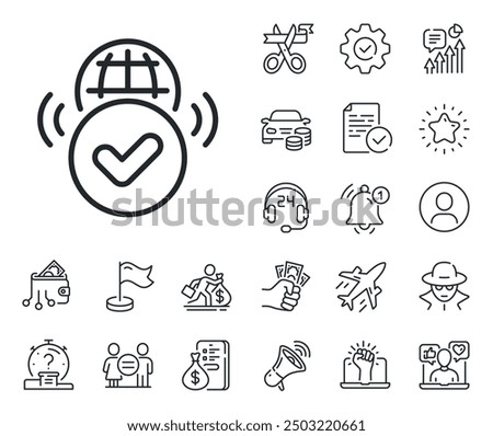 Approved web access sign. Salaryman, gender equality and alert bell outline icons. Verified internet line icon. Confirmed connection symbol. Verified internet line sign. Vector