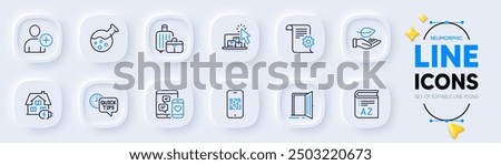 Vocabulary, Chemistry lab and Technical documentation line icons for web app. Pack of Quick tips, Add user, Qr code pictogram icons. Baggage, Home charging, Social media signs. Leaf. Vector