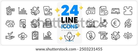 Icons set of Fake internet, Euro money and Co2 line icons pack for app with Puzzle, Hypoallergenic tested, Report timer thin outline icon. Certificate, Dermatologically tested. Vector