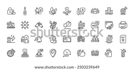 Time schedule, Eco power and Target goal line icons pack. AI, Question and Answer, Map pin icons. Arena stadium, Verification document, New web icon. Apple, Champagne, Alarm sound pictogram. Vector