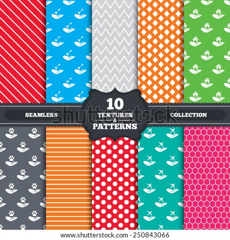 Seamless patterns and textures. Helping hands icons. Shelter for dogs symbol. Home house or real estate and key signs. Flight trip insurance. Endless backgrounds with circles, lines.