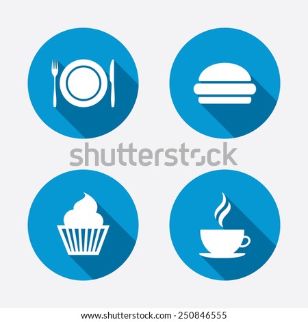 Food and drink icons. Muffin cupcake symbol. Plate dish with fork and knife sign. Hot coffee cup and hamburger. Circle concept web buttons. Vector