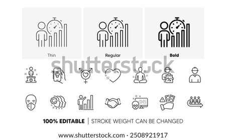 Cyber attack, Genders and Music app line icons. Pack of Engineer, Fraud, Delivery discount icon. Success, Employees teamwork, Yoga pictogram. Heart, Queue, Graph chart. Handshake. Line icons. Vector