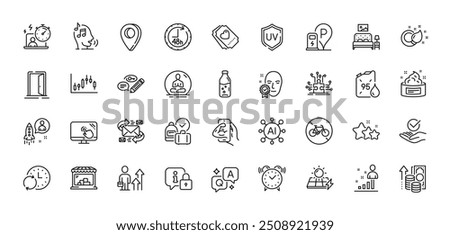 Inflation, Candlestick graph and Keywords line icons pack. AI, Question and Answer, Map pin icons. E-mail, Timer, Love ticket web icon. Update time, Uv protection, Open door pictogram. Vector