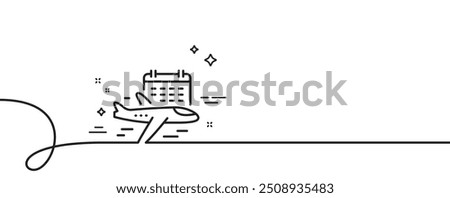 Select flight line icon. Continuous one line with curl. Airplane with calendar sign. Airport flights symbol. Select flight single outline ribbon. Loop curve pattern. Vector