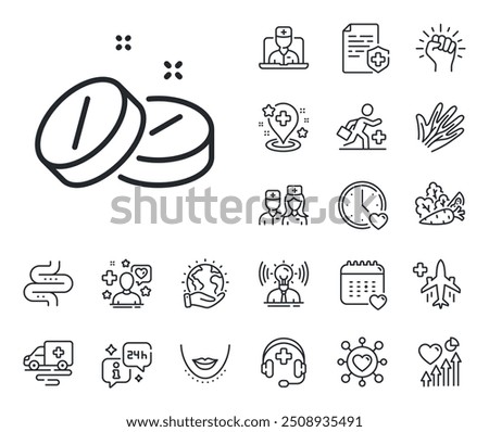 Medicine drugs sign. Online doctor, patient and medicine outline icons. Medical tablet line icon. Pharmacy medication symbol. Medical tablet line sign. Vector