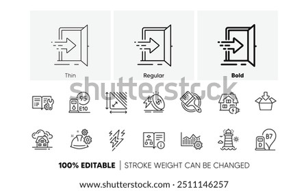 Working process, Building and Petrol station line icons. Pack of Energy price, Technical algorithm, Operational excellence icon. Entrance, Lightning bolt, Engineering documentation pictogram. Vector