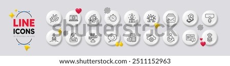 Shoulder strap, Timer and Consumption growth line icons. White buttons 3d icons. Pack of Recovery data, Mail, Manual icon. Success, Quiz test, Brush pictogram. Vector