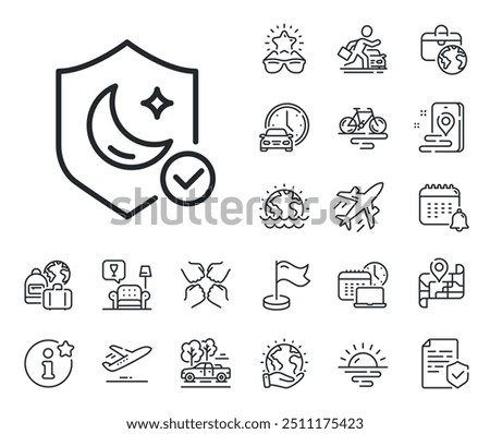 No insomnia sign. Plane jet, travel map and baggage claim outline icons. Sleep guard line icon. Night protection symbol. Guard line sign. Car rental, taxi transport icon. Place location. Vector