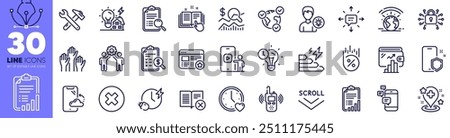 Greenhouse, Technical documentation and Reject book line icons pack. Voting hands, Close button, Dating web icon. Phone protect, Hospital, Smartphone cloud pictogram. Online voting. Vector