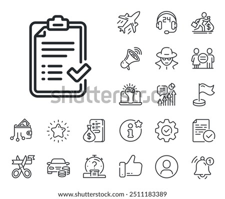 Accepted or confirmed sign. Salaryman, gender equality and alert bell outline icons. Approved checklist line icon. Report symbol. Approved checklist line sign. Spy or profile placeholder icon. Vector