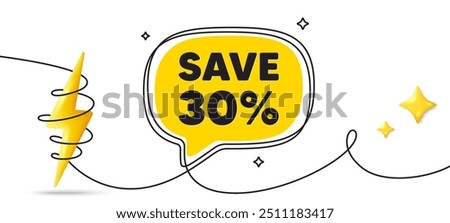 Save 30 percent off tag. Continuous line art banner. Sale Discount offer price sign. Special offer symbol. Discount speech bubble background. Wrapped 3d energy icon. Vector