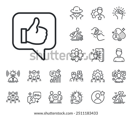 Thumbs up sign. Specialist, doctor and job competition outline icons. Like line icon. Positive feedback, social media symbol. Like line sign. Avatar placeholder, spy headshot icon. Vector