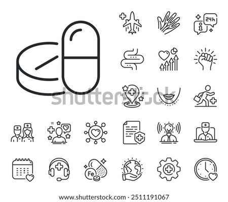 Medicine pills sign. Online doctor, patient and medicine outline icons. Medical drugs line icon. Pharmacy medication symbol. Medical drugs line sign. Veins, nerves and cosmetic procedure icon. Vector