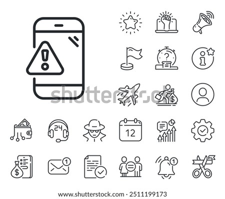 Phone alert sign. Salaryman, gender equality and alert bell outline icons. Warning message line icon. Caution app symbol. Warning message line sign. Spy or profile placeholder icon. Vector