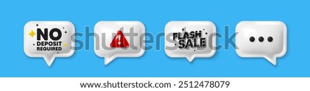 Offer speech bubble 3d icons. No deposit required tag. Promo offer sign. Advertising promotion symbol. No deposit required chat offer. Flash sale, danger alert. Text box balloon. Vector