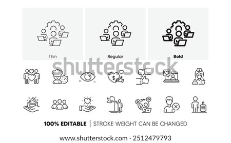 Remove account, Social care and Group line icons. Pack of Like, Friends chat, Skin care icon. Teamwork, Health eye, Hold heart pictogram. Love couple, Chef, Nurse. Video conference. Line icons. Vector