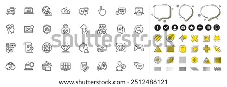 Set of Online question, Attention and Diamond line icons for web app. Design elements, Social media icons. Remove image, Eye detect, Seo adblock icons. Software, Shield, Report signs. Vector