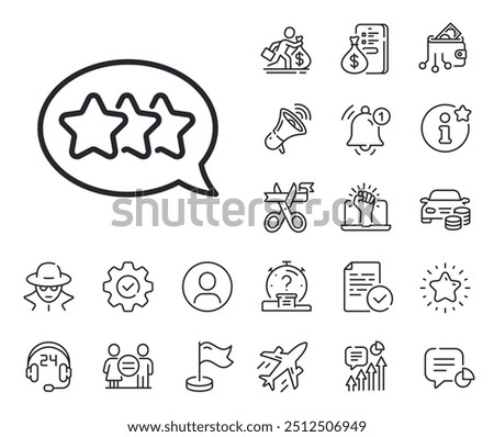 Feedback rating sign. Salaryman, gender equality and alert bell outline icons. Stars line icon. Customer satisfaction symbol. Stars line sign. Spy or profile placeholder icon. Vector