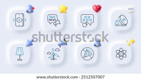 Windmill turbine, Prohibit food and Table lamp line icons. Buttons with 3d bell, chat speech, cursor. Pack of Ranking star, Gas price, Wireless charging icon. Vector