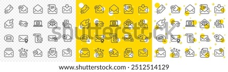 Newsletter, Email document, Correspondence icons. Mail message line icons. Received mail, Secure message and Web letter. Post office newsletter, Send email document, private communication. Vector