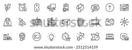 Icons pack as Delivery route, Cyber attack and Security lock line icons for app include Notebook, Laptop password, Approved award outline thin icon web set. Delivery time, Internet. Vector