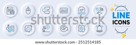 Business target, Rating stars and Cloud communication line icons for web app. Pack of Talk bubble, Dj controller, Swipe up pictogram icons. Timer, Lease contract, Money signs. Vector