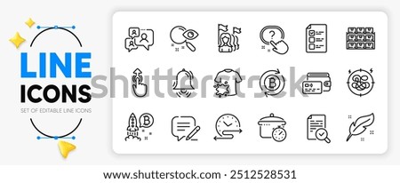 Boiling pan, Refresh bitcoin and Dirty t-shirt line icons set for app include Wallet, Boxes shelf, Voting ballot outline thin icon. Write, Inspect, Feather pictogram icon. Clock bell. Vector