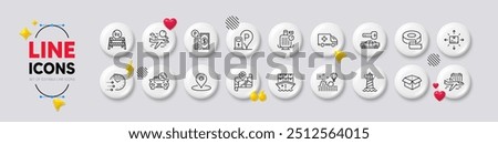 Charging station, Select flight and Parking payment line icons. White buttons 3d icons. Pack of Lighthouse, Delivery time, Pin icon. Car key, Ambulance emergency, Eu close borders pictogram. Vector