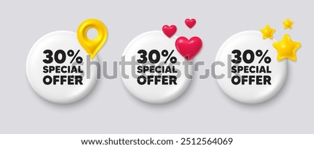 30 percent discount offer tag. White button with 3d icons. Sale price promo sign. Special offer symbol. Discount button message. Banner badge with map pin, stars, heart. Social media icons. Vector