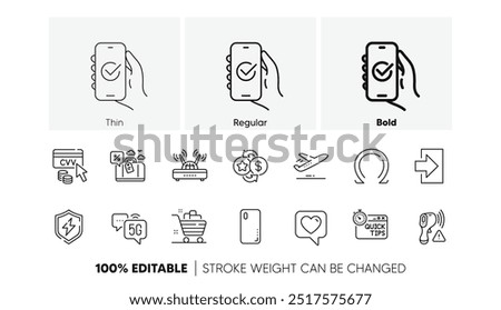 Approved app, Grocery basket and Travel loan line icons. Pack of Quick tips, Loyalty points, Plane icon. Wifi, Electronic thermometer, Power safety pictogram. Cvv code, Smartphone cover, Heart. Vector