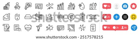 Scroll down, Father day and Election candidate line icons pack. Social media icons. Smartphone statistics, Mini pc, Download file web icon. Vector