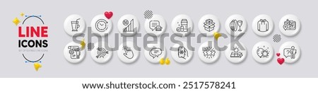 Medical drugs, Cursor and Lounge place line icons. White buttons 3d icons. Pack of Coffee cup, Settings blueprint, Gps icon. Packing boxes, Hoody, Search employee pictogram. Vector