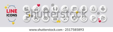 Fishing reel, Fishing rod and Arena stadium line icons. White buttons 3d icons. Pack of Winner, Bike attention, Bicycle prohibited icon. Strong arm, Timer, Yoga pictogram. Vector