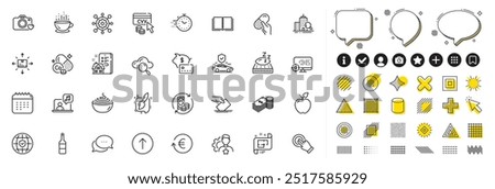 Set of Painting brush, Framework and Swipe up line icons for web app. Design elements, Social media icons. Calendar, Transport insurance, Dots message icons. Vector