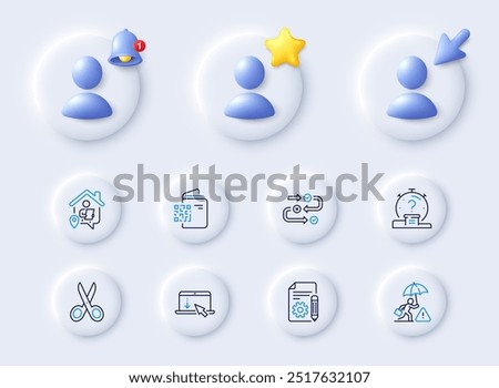 Risk management, Survey progress and Quiz line icons. Placeholder with 3d cursor, bell, star. Pack of Cut, Documentation, Scroll down icon. Qr code, Work home pictogram. For web app, printing. Vector