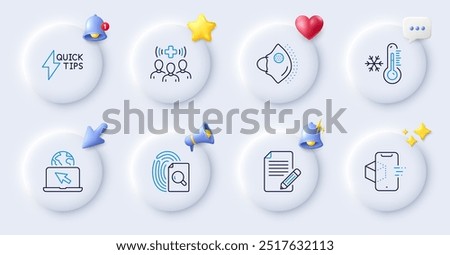 Inspect, Internet and Low thermometer line icons. Buttons with 3d bell, chat speech, cursor. Pack of Medical mask, Article, Augmented reality icon. Quickstart guide, Medical staff pictogram. Vector