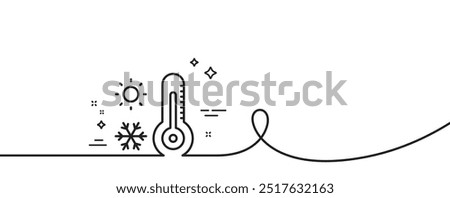 Weather thermometer line icon. Continuous one line with curl. Winter snowflake, sun sign. Temperature symbol. Weather thermometer single outline ribbon. Loop curve pattern. Vector