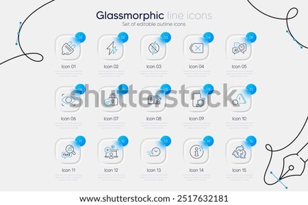 Set of Engineering documentation, Fake news and Phone protect line icons for web app. Eye detect, Electric plug, Antistatic icons. Recycle, Fast delivery, Power info signs. Vector